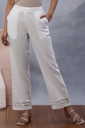 Buy Ecru Parallel Pants With Embroidered Hem Online - W for Woman